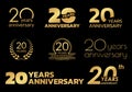 20 years anniversary icon or logo set. 20th birthday celebration golden badge or label for invitation card, jubilee design. Vector Royalty Free Stock Photo